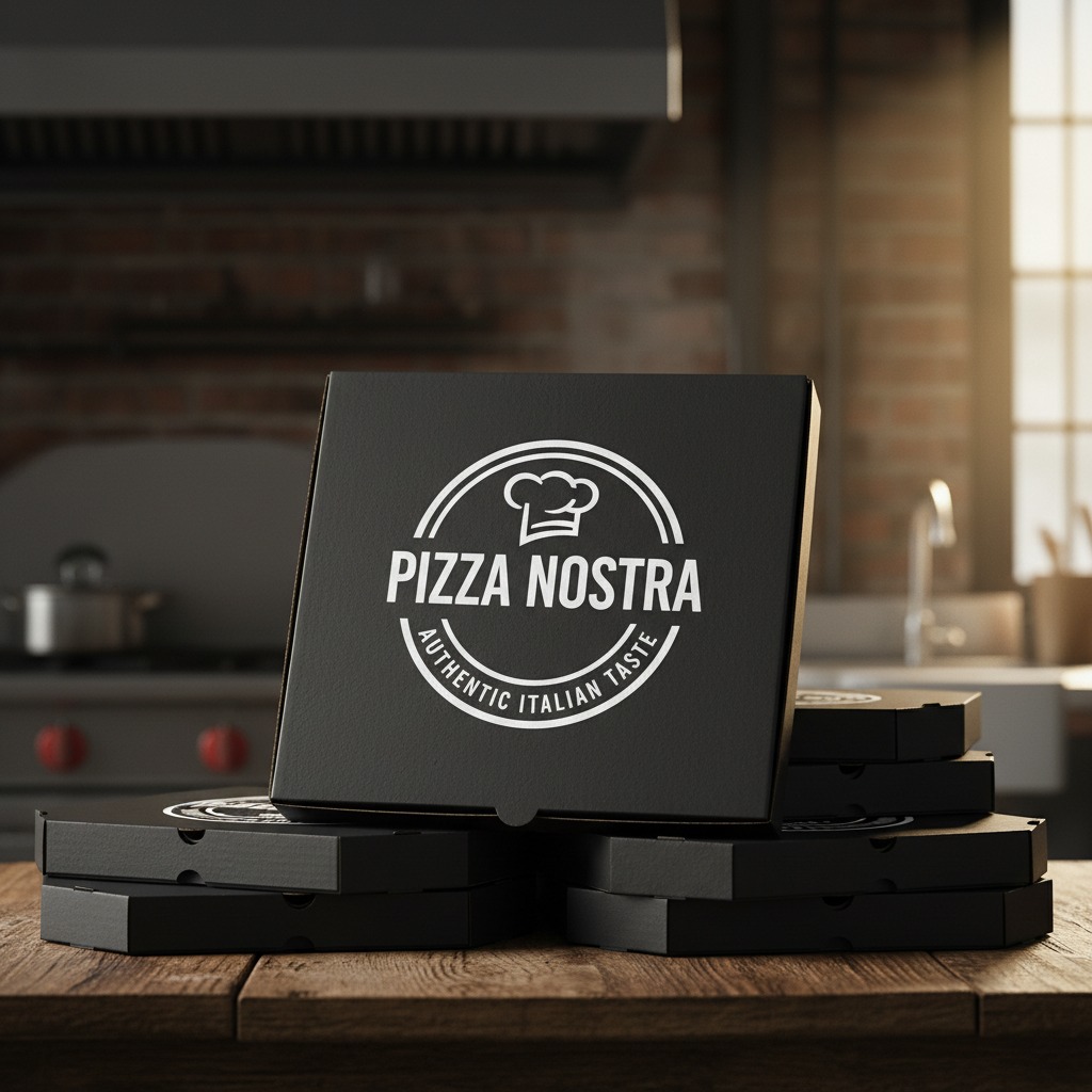 pudełka do pizzy całe czarne z białym logo